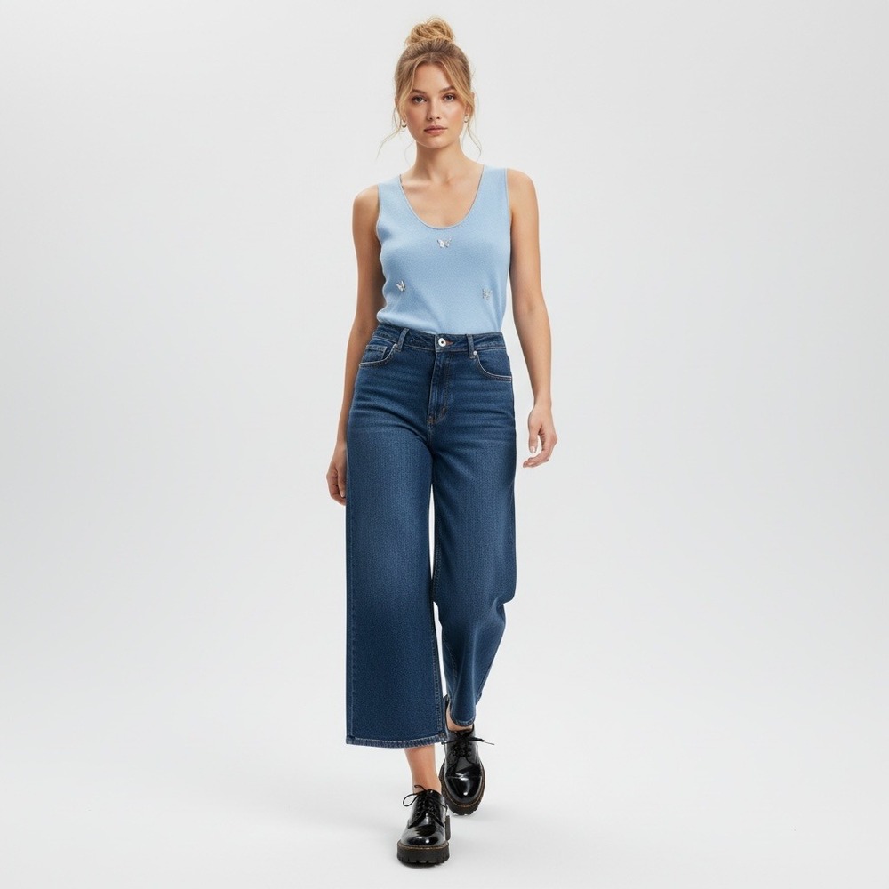 Dark Wash High Rise Wide Leg Crop Jeans Slimming Tummy Control Stretch Denim 14